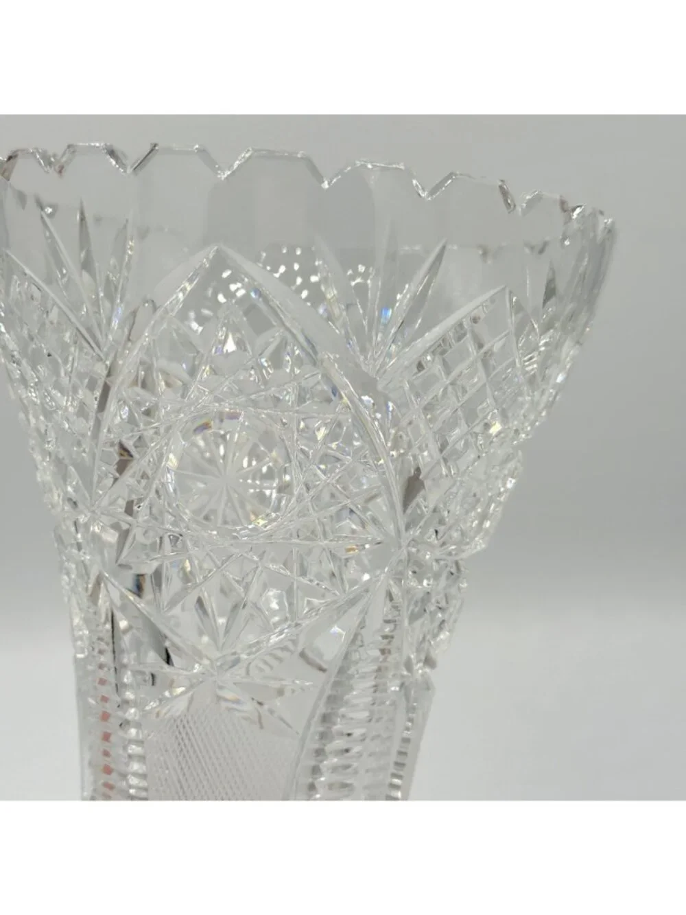 Vintage American Brilliant Cut Glass Trumpet Vase Hobstar 10